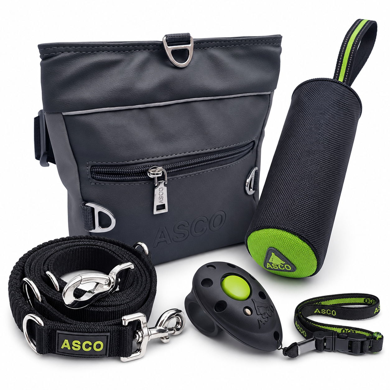 ASCO Rückruf-Trainingsset mit Leckerlibeutel, Premium Finger Clicker, Trainingsdummy und Hundeleine mit Ruckdämpfer