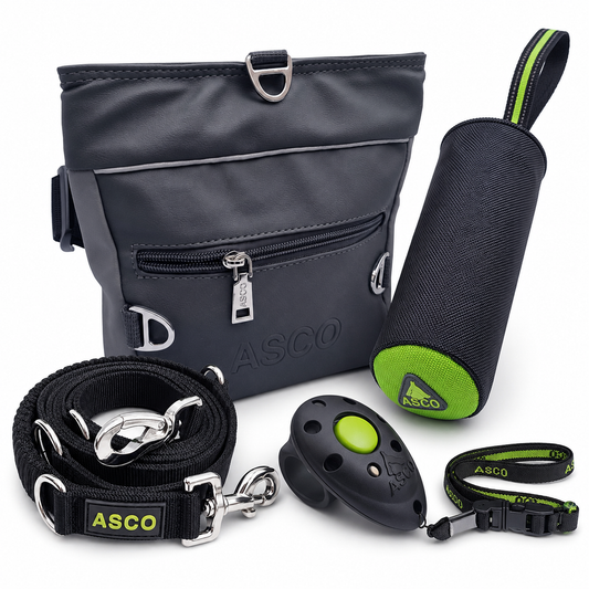 ASCO Rückruf-Trainingsset mit Leckerlibeutel, Premium Finger Clicker, Trainingsdummy und Hundeleine mit Ruckdämpfer