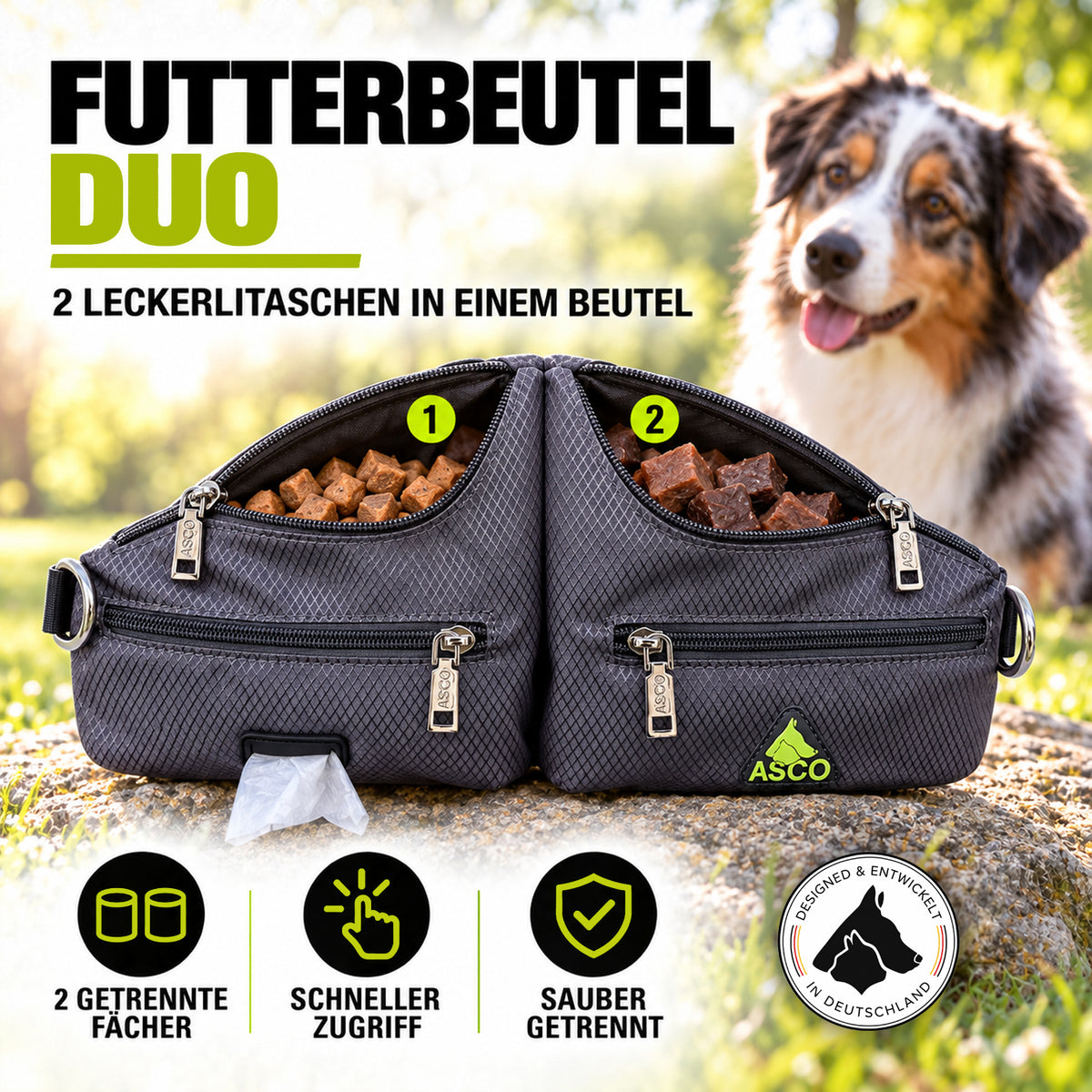 ASCO Futterbeutel Duo für Hunde mit 2 Leckerlitaschen