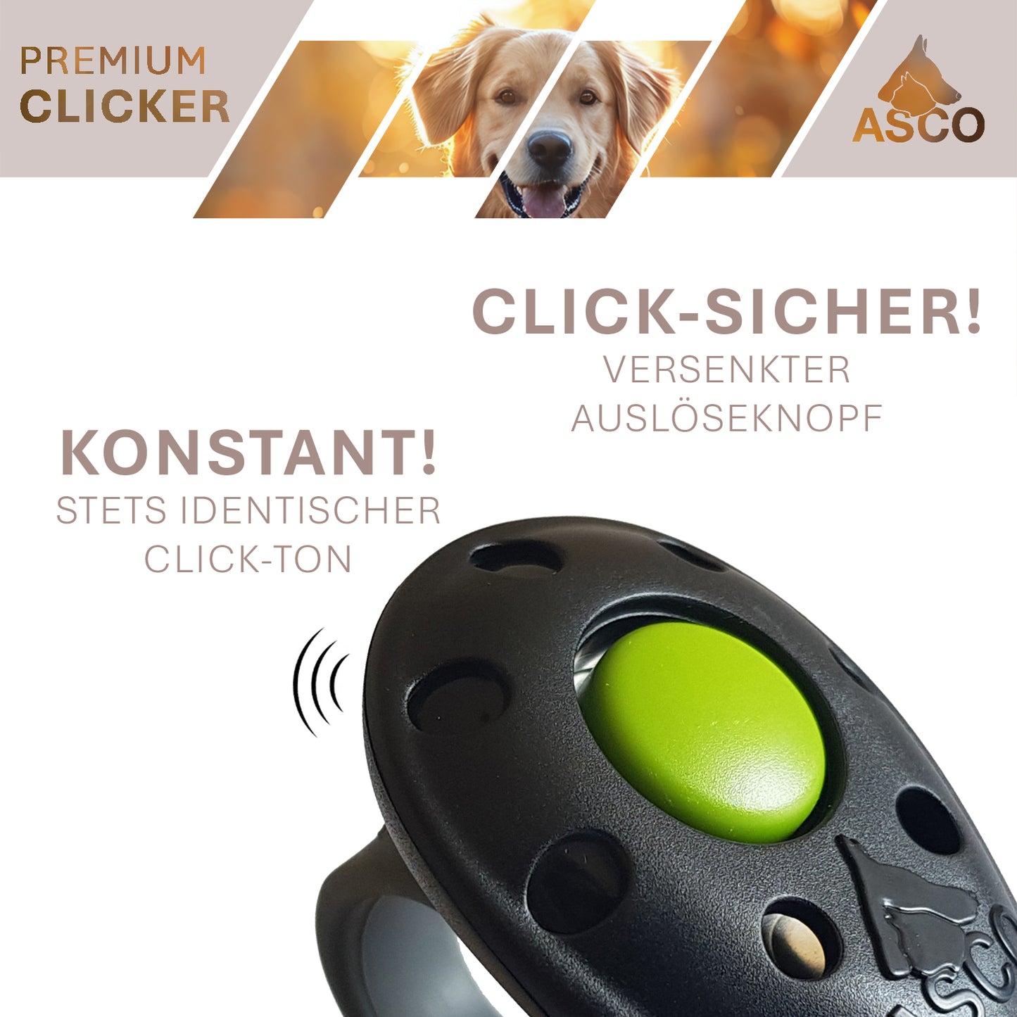 ASCO Premium Clicker, Finger Clicker für Clickertraining, Hunde Katzen Pferde Profi Clicker, Hundetraining Klicker