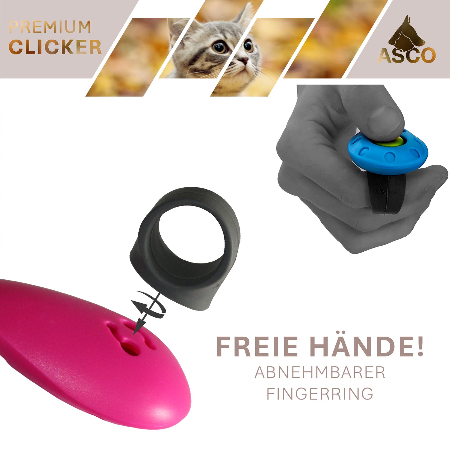 ASCO Premium Clicker, Finger Clicker für Clickertraining, Hunde Katzen Pferde Profi Clicker, Hundetraining Klicker