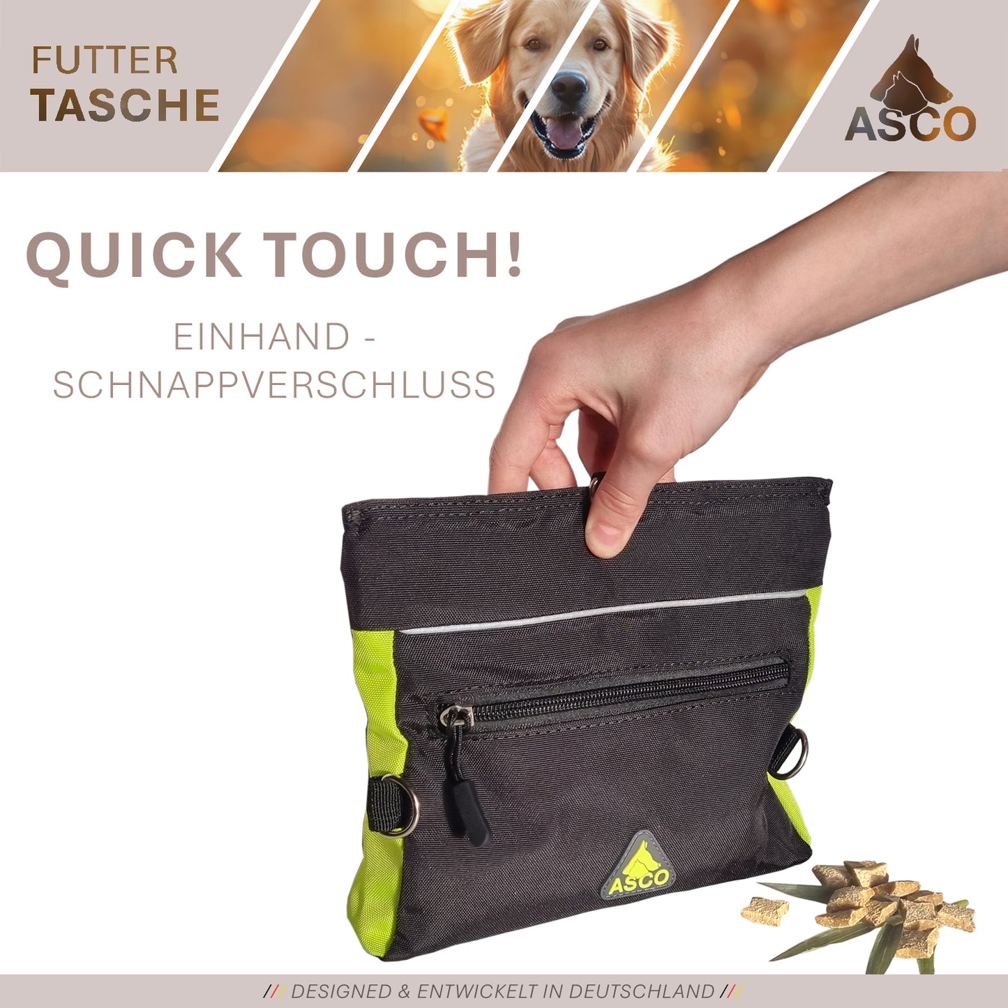 ASCO Futterbeutel mit Einhand-Schnappverschluss, Leckerlibeutel 20x20 cm, QuickTouch Leckerlietasche
